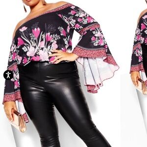 City Chic Floral Off-Shoulder Blouse - Black and Pink